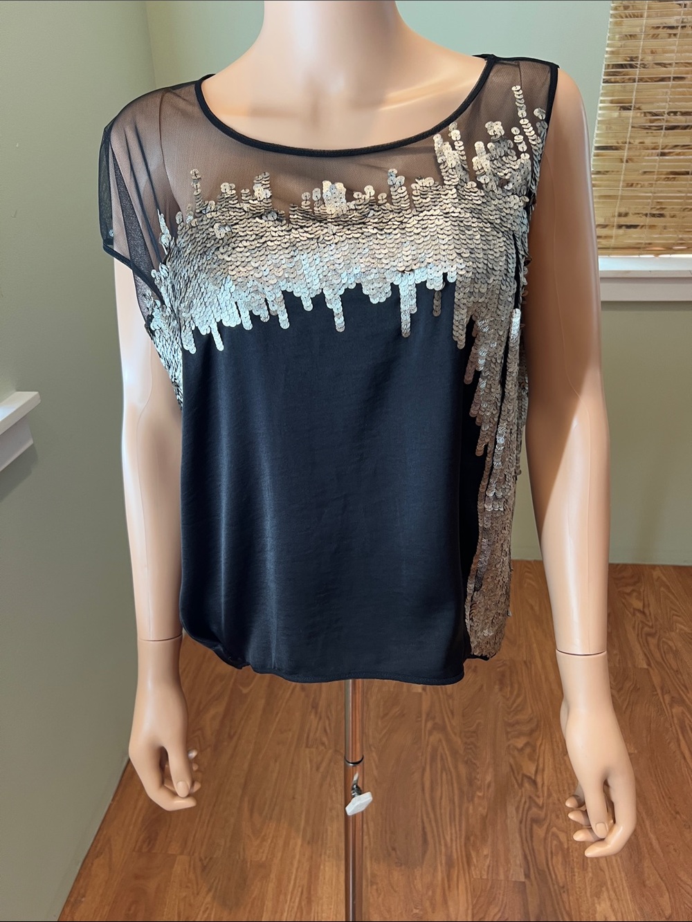BCBGMaxAzria Runway Black Mesh Yoke Top with Silver Sequin Detail Size M